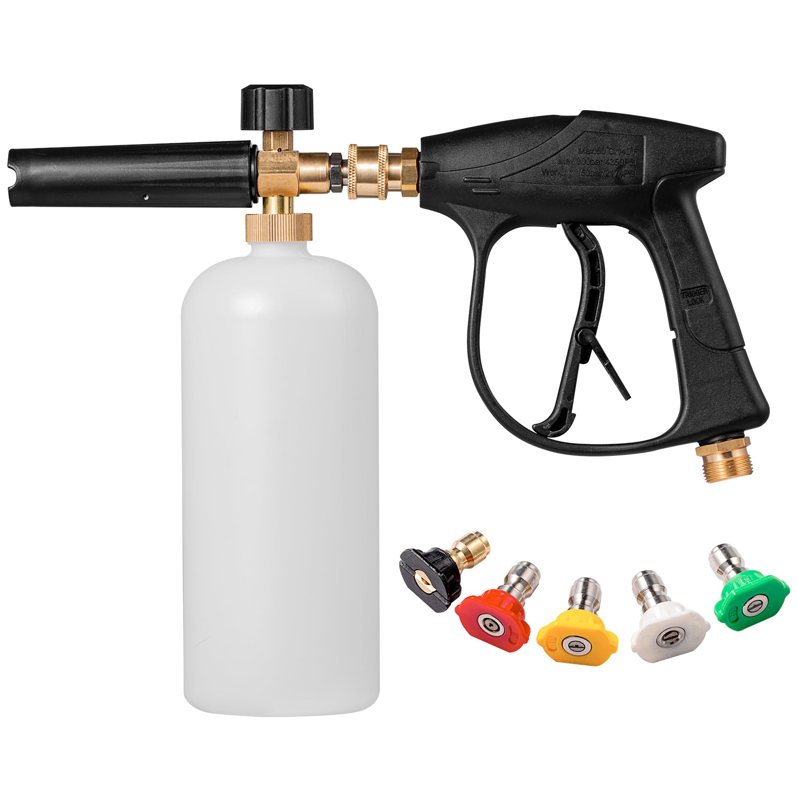 YUET 1/4" Quick Release Pressure Washer Snow Foam Cannon Lance Gun - 1L Bottle, 5 Color Nozzles Tips, and Adjustable Foam Lance Gun for Courtyard Cleaning