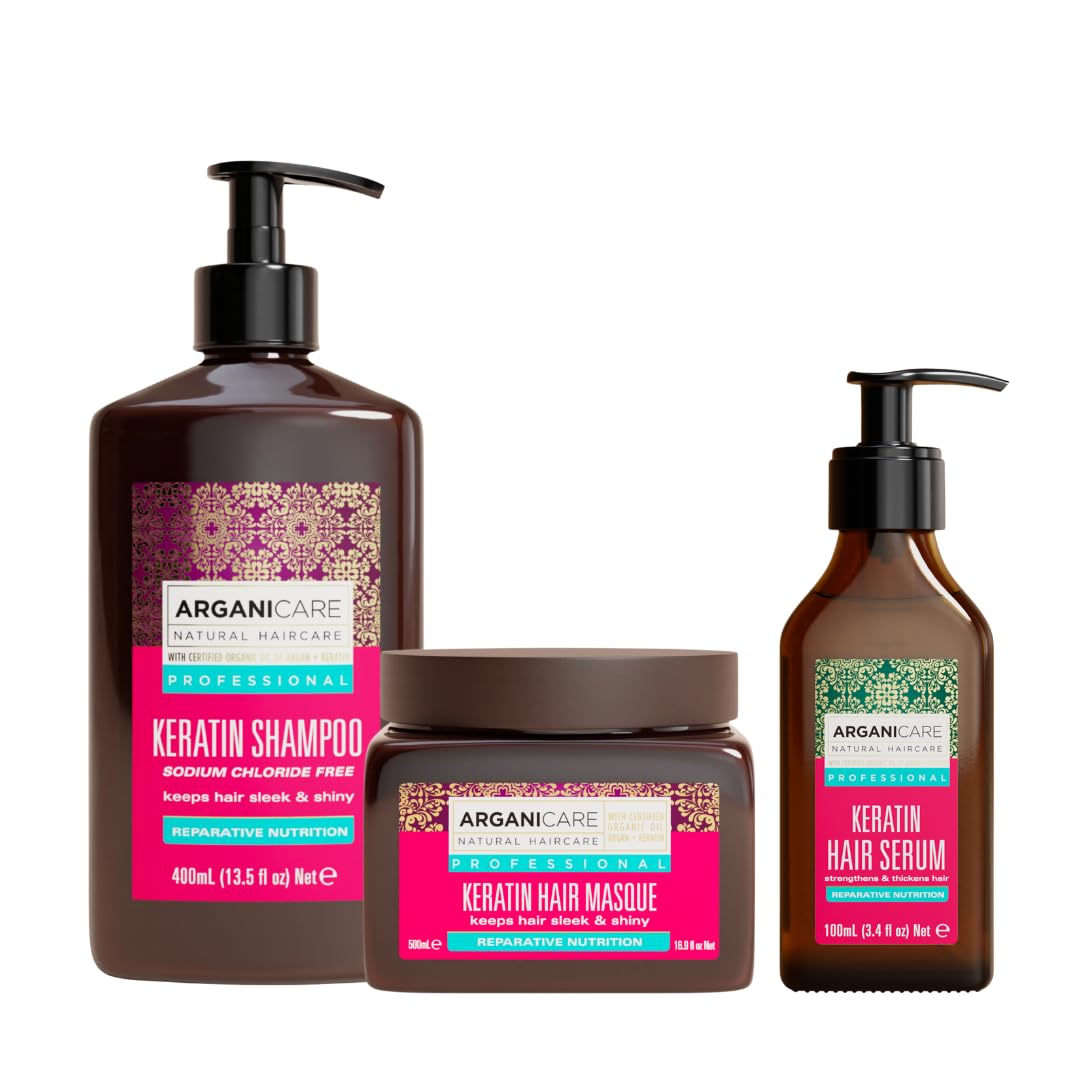 ARGANICARE | Shampoo + Mask + Keratin Serum | Intensely Regenerates Hair | Prevents & Treats Split Ends | Soft & Shiny Hair | Made in France | 400ML + 500ML + 100ML