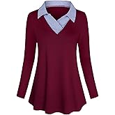Women's Long Sleeve Contrast Collar Shirt A-line Pleated Office Tunic