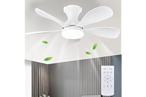 FUMLTP 33In Low Profile Ceiling Fans with Lights and Remote,White Modern Flush Mount Ceiling Fan with 5 Reversible Blades Reversible for Outdoor Patio,Small Room,Bedroomn