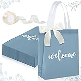 party greeting 50 Pack Non-woven Welcome Gift Bags with Handles Blue Wedding Bags with 2 Rolls of Off-White Ribbon Party Favor Bag Suitable for Parties Birthdays Weddings
