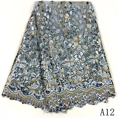 Stephen Wu 5 Yards Brides Maids Double Sequins African Nigerian Tulle Lace Fabric French Embroidered net Yarn Lace Fabric for Wedding Gown Party (Blue)