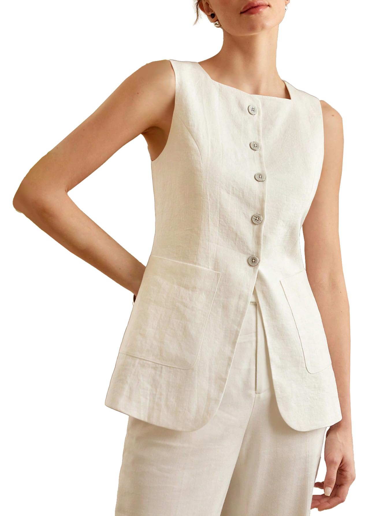 Photo 1 of Mina Self Linen Vest Tops For Women 2025 Summer Long Lightweight White Business Casual Women's Outerwear Work Office Fashion Trendy Womens Jackets Waistcoat CMJ001 White S HAS STAINS 