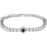 LuxeFlex 4mm Iced Out Four Leaf Tennis Bracelet, White Gold Plated with 5A Zircon Stones, Handmade exquisite Hip Hop Jewelry, Perfect Unisex Gift