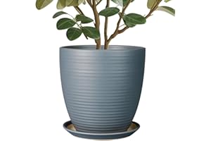 EPFamily 10 Inch Ceramic Planter Round Plant Pots for Plants Indoor Outdoor Glaze Large Flower Pot with Drainage Hole and Saucer Gray