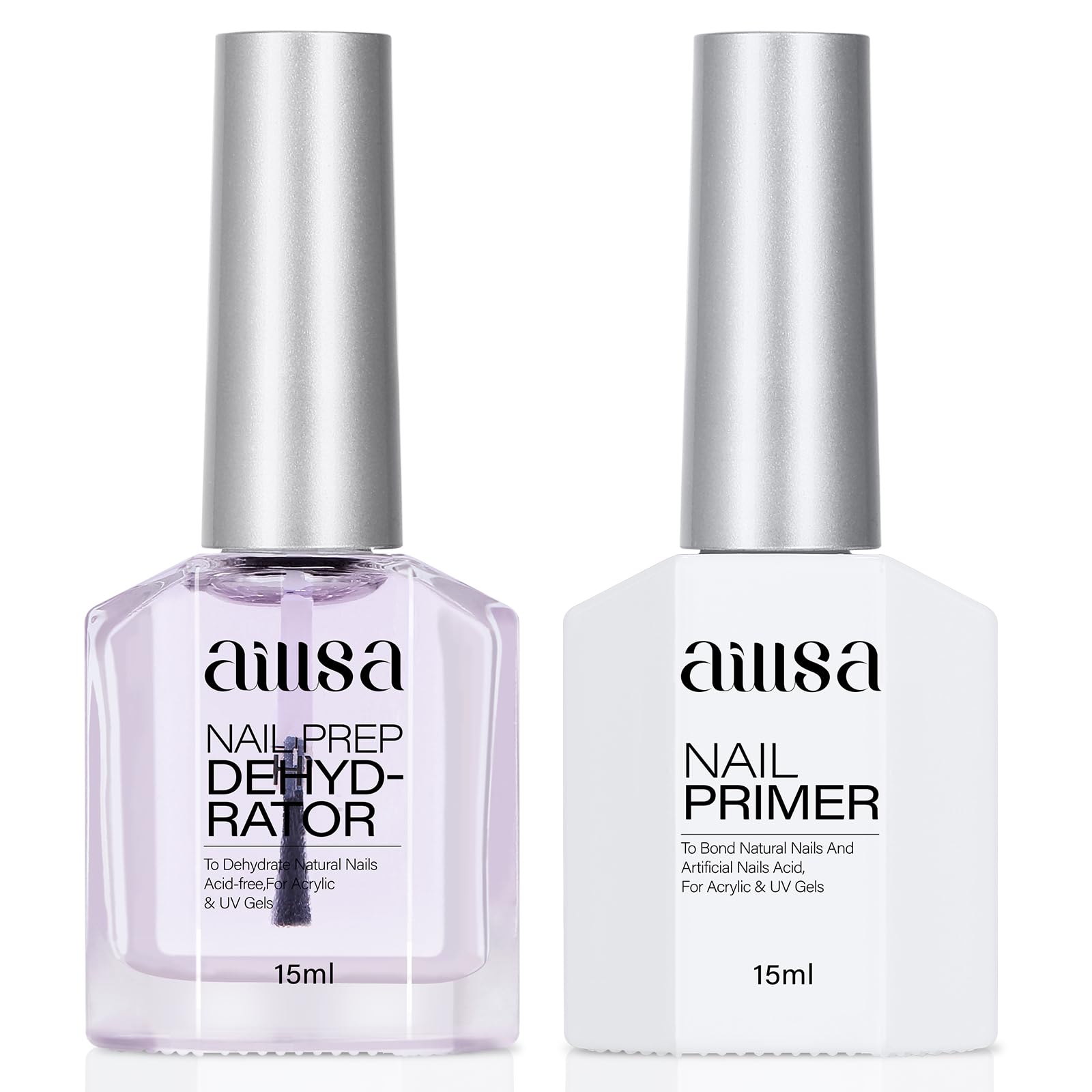 AILLSA Nail Primer & Dehydrator Set - Professional Bonding Gel Polish, No Acid Fast Air Dry Nails Prep Set, Poly Nail Builder, Acrylic Powder, 2 x 15 ML