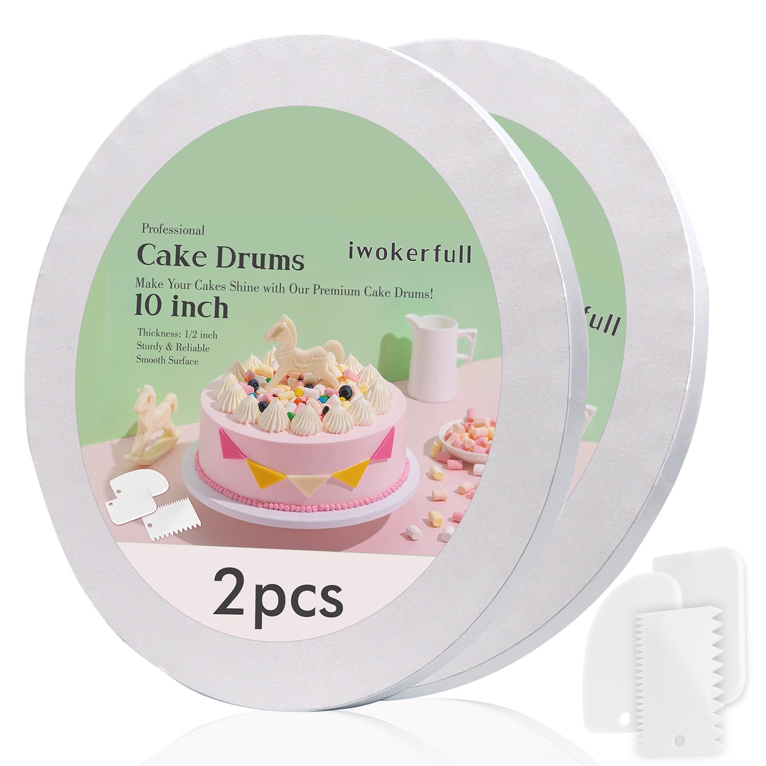 Photo 1 of 10 Inch Cake Boards Round - 1/2" Thick Sturdy White Corrugated Cake Drum, Base para Pastel - Professional Cake Base Cake Drums Board for Wedding Birthday & Multi-Tiered Cakes, 2 Pcs
