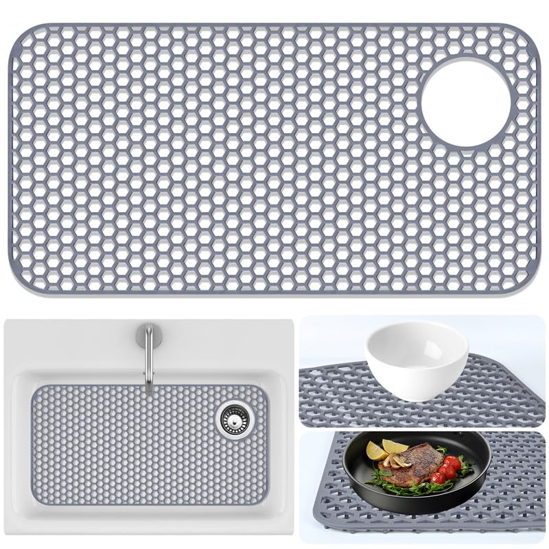 Photo 1 of Sink Protector for Kitchen Sink Mat - 28.35"x14.37" Kitchen Sink Pad for Bottom of Sink Protec of Stainless Steel Sink Tableware Farmhouse Rubber Sink Mat Protector with Top Right Drain - Light Gray