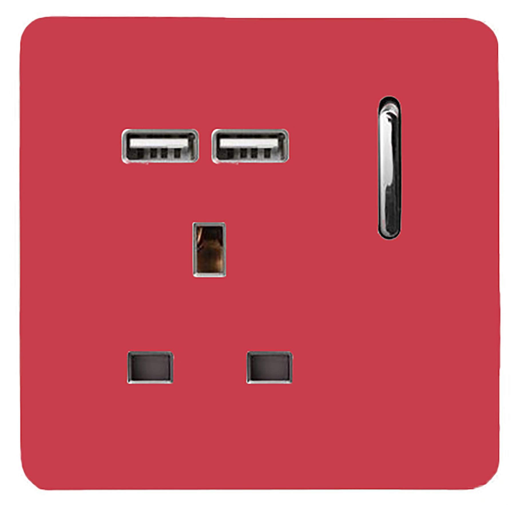 Trendi 1 Gang Single Switched Screwless Artistic Modern Glossy 13 Amp 2X Type A 2.1A USB Charging Port 13A Wall Outlet Plug Socket in Strawberry Red - ART-SKT13USBSB