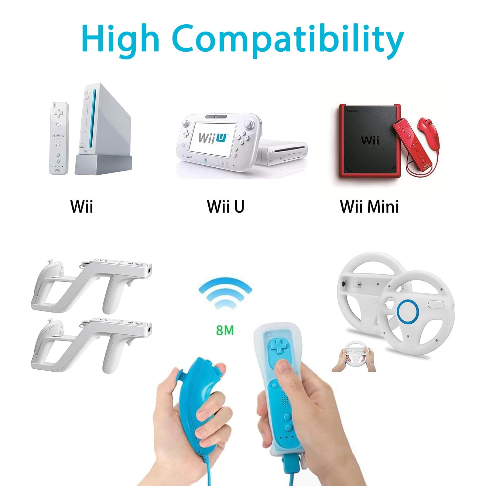 Compatible with Nintendo Wii Controller, Wii Remote with Nunchuck and Nunchuck Controller with Silicone Case and Wrist Strap for Wii and Wii U, Included 2 AA Batteries (Blue)
