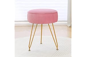 ALeesing Velvet Vanity Stool Chair, Round Makeup Vanity Chair with Adjustable Metal Legs & Soft Padded Seat, Ottoman Foot Stool for Bedroom, Living Room, Entryway, Pink