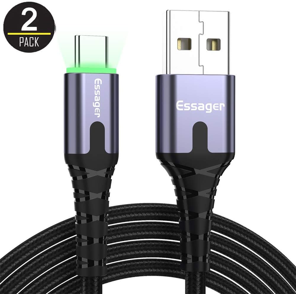 USB Type C Cable with LED Light, RIOTECH (2-Pack 3.3FT) USB A 2.0 to USB-C Fast Charger Nylon Braided USB C Cable Compatible with Many Phone Models(Black-2 pcak, 1M)