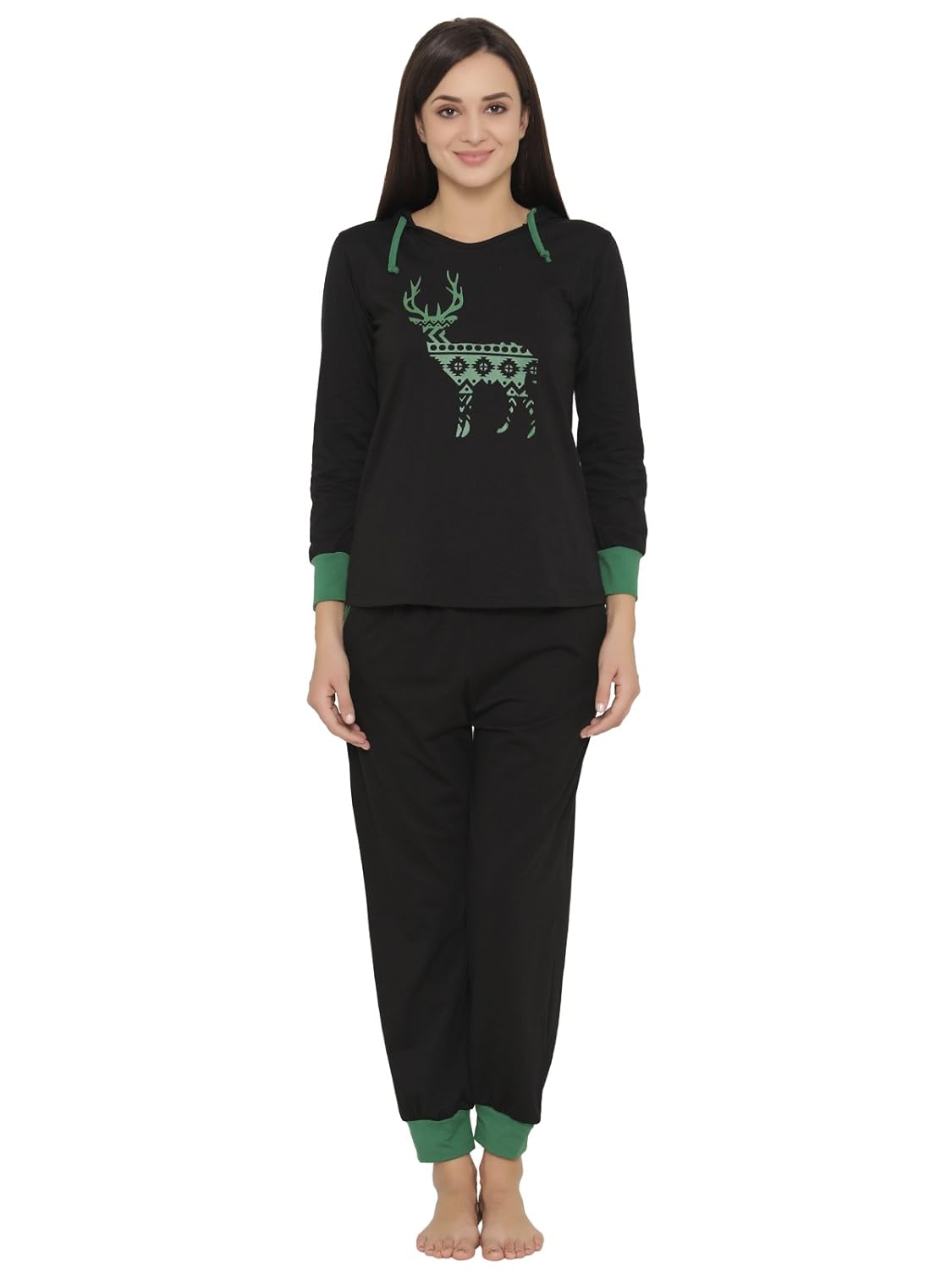 clovia women's cotton reindeer print hooded top & cuffed pyjama