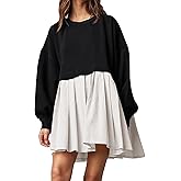Dokuritu Sweatshirt Dress Women Crew Neck Long Sleeve Patchwork Pullover Tops Flowy Oversized Sweatshirt Mini Dress