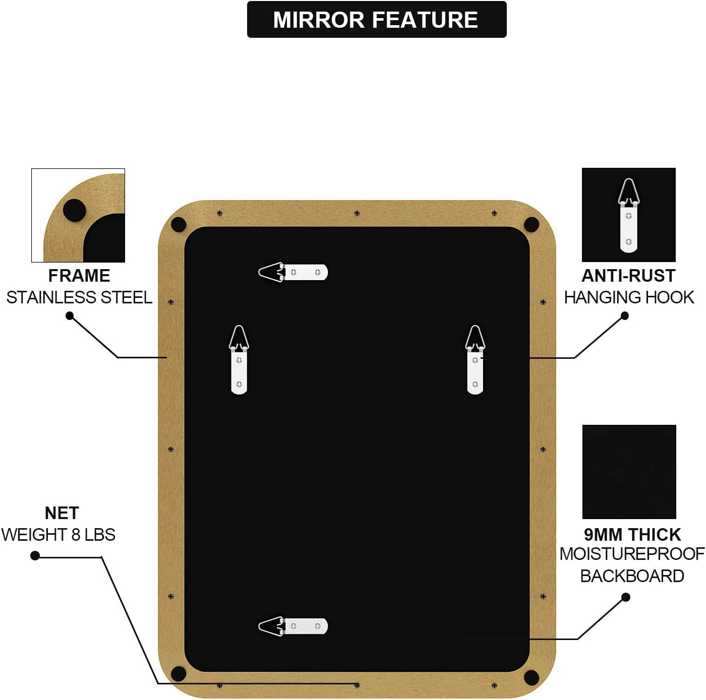 ANDY STAR Gold Wall Mirror for Bathroom, 16x20 Inch Small Gold Bathroom Mirror with Stainless Steel Metal Frame Rounded Corner: Furniture & Decor