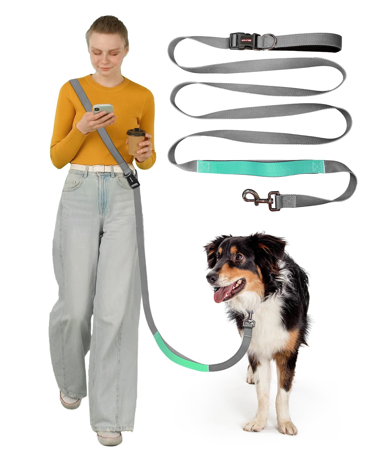WANFIRE Hands Free Dog Lead, Multifunctional Crossbody Dog Lead, 1.5–2.7M Adjustable Waist Belt Leash for Small & Medium Dogs, Ideal for Walking, Running & Training (Grey Green, 2.7M)