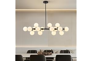 PiWWPi Glass Globe Sputnik Chandelier, 16-Light Mid Century Modern Light Fixture Over Table, Linear Chandeliers for Dining Room, Kitchen Island, Black and Milk White Bubble, 40 Inch, GC-02
