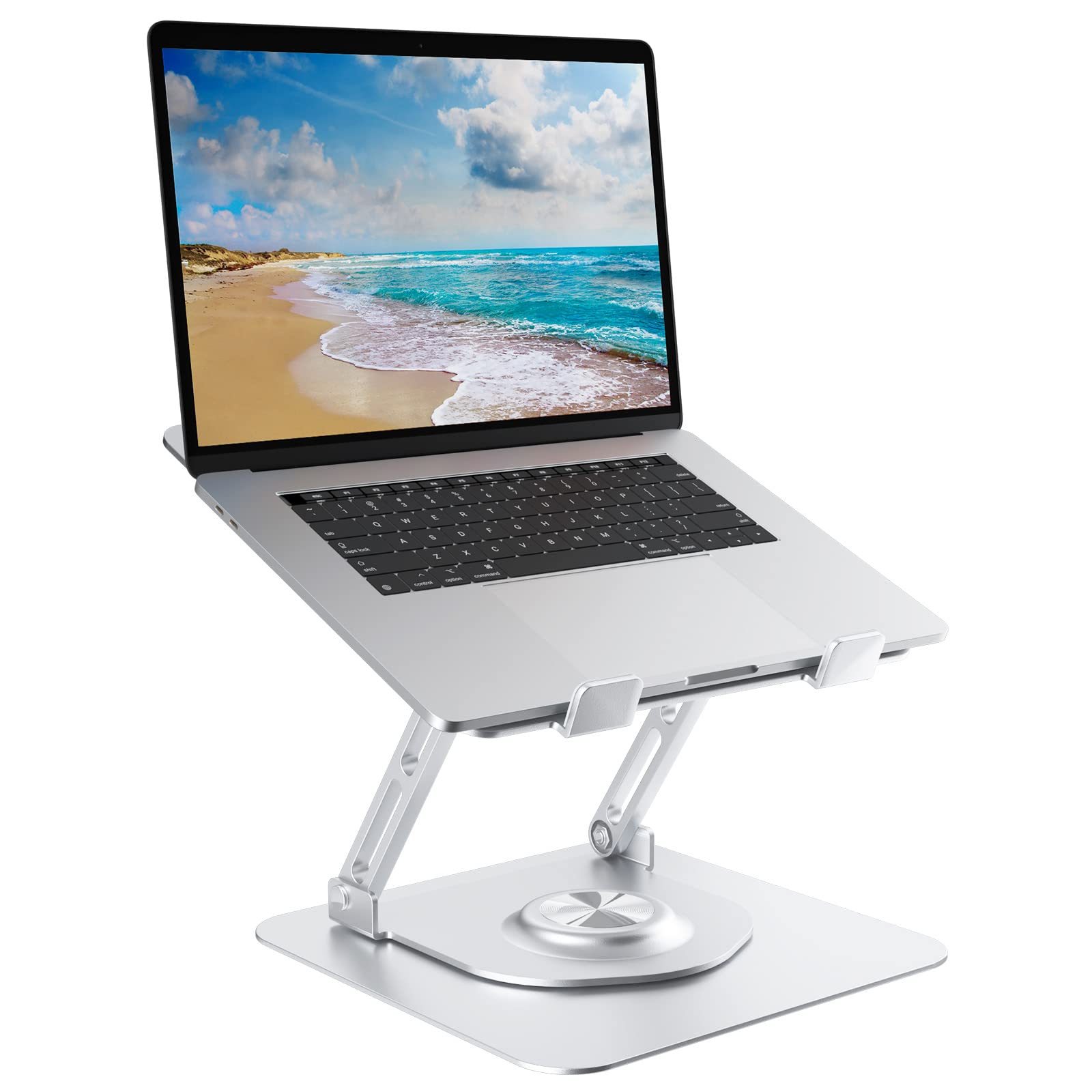 Swivel Laptop Stand for Desk, Adjustable Height Aluminum Computer Stand with 360 Rotating Base, Foldable Ergonomic Riser, Portable Laptop Holder Compatible with MacBook, All Laptops 10-17'',Chrome