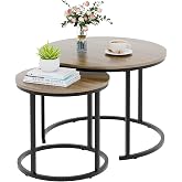 Garden 4 you Nesting Coffee Table, 23.6" Round Coffee Table Set of 2, Wooden Nesting Table Set with Metal Frame, Side Tables for Living Room Bedroom Balcony, Brown
