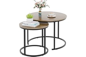 VILAWLENCE Nesting Coffee Table Round Side Table Set of 2 End Tables for Living Room Bedroom Balcony, Wooden Stacking Accent Coffee Tables with Metal Frame