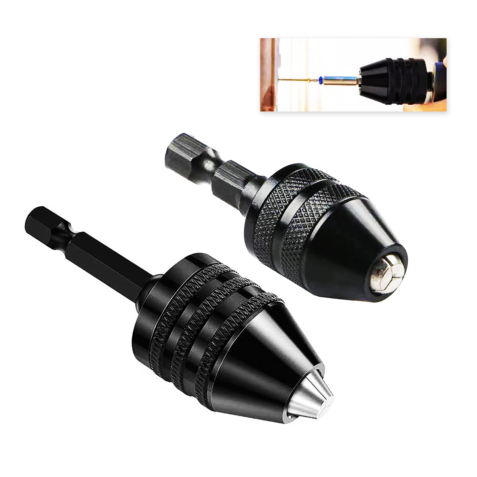 Keyless Drill Chuck Adapter 2 PCS Quick Change 1/4” Hex Shank Drill Bits Chuck for Micro Drill Bit Drill Chuck Adapter Conversion Tool (0.3-6.5mm/0.3-3.6mm)