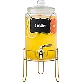 DHSBTLS 1 Gallon Glass Drink Dispensers, Round Beverage Dispenser for Party, BBQ and Picnic, Clear Airtight Juice Dispenser with Golden Stand, Stainless Steel Spigot, Markers and Chalkboard