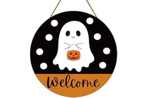 YUNKKIN Halloween Decor Indoor Halloween Wreath Front Door Decorations Cute Ghost Decor Welcome Sign Wreath Wooden Front Door Hanger Ghost Hanging Sign for Porch Wall Indoor Home Decorations