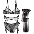 Varsbaby Women's Sexy Lingerie Set with Garter Belt Stocking See Through Matching Bra and Panty 4 Piece