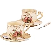 CHILDIKE Tea Cups and Saucers Set of 2, 8 Oz Ivory Rose Floral Porcelain Teacup and Saucer Set with Spoon, Vintage Tea Cups with Gold Trim, European Style (Pink Rose)
