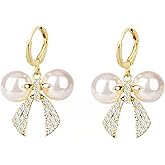 Bow Pearl Hoop Earrings for Women Gold Plated Dainty Bow Knot Ribbon Pearls Ball Chic Crystal Rhinestone Small Dangle Drop Earrings for Valentines Day Birthday Holiday Jewelry Gifts