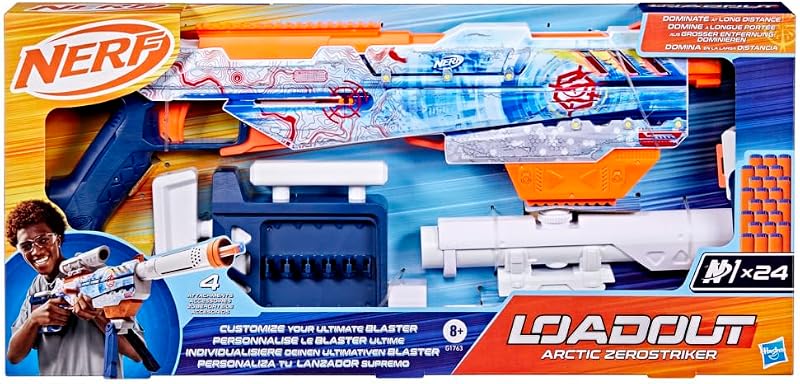 Loadout Arctic Zerostriker, Blaster et Fléchettes N1, Lanceur de Fléchettes Personnalisable en Mousse N1 pour Enfants et Ados – Canon, Crosse, Viseur et Bipied, Dès 8 Ans