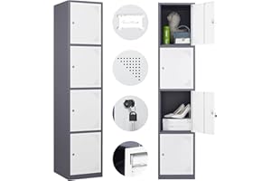 HEYCODE Metal Storage Lockers Cabinet - 71" Large Locker for Employees with 4 Doors - 4 Tier Steel Lockers for Kids Bedroom, Gym, School, Office, Garage (4 Doors, White Grey)