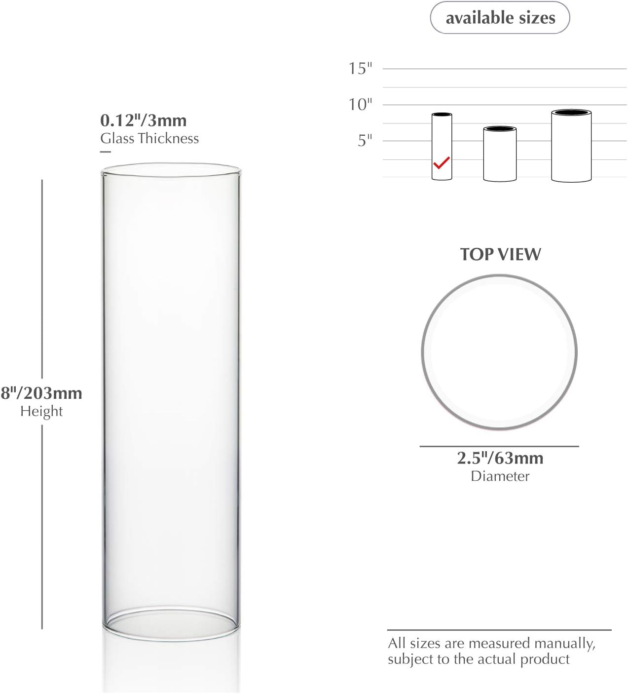 WGVI Clear Hurricane Candleholder,Glass Chimney for Candle Open Ended, Chimney Tube of Sizes in Various for Choice, 2.5" Wide x 8" Tall: Home & Kitchen