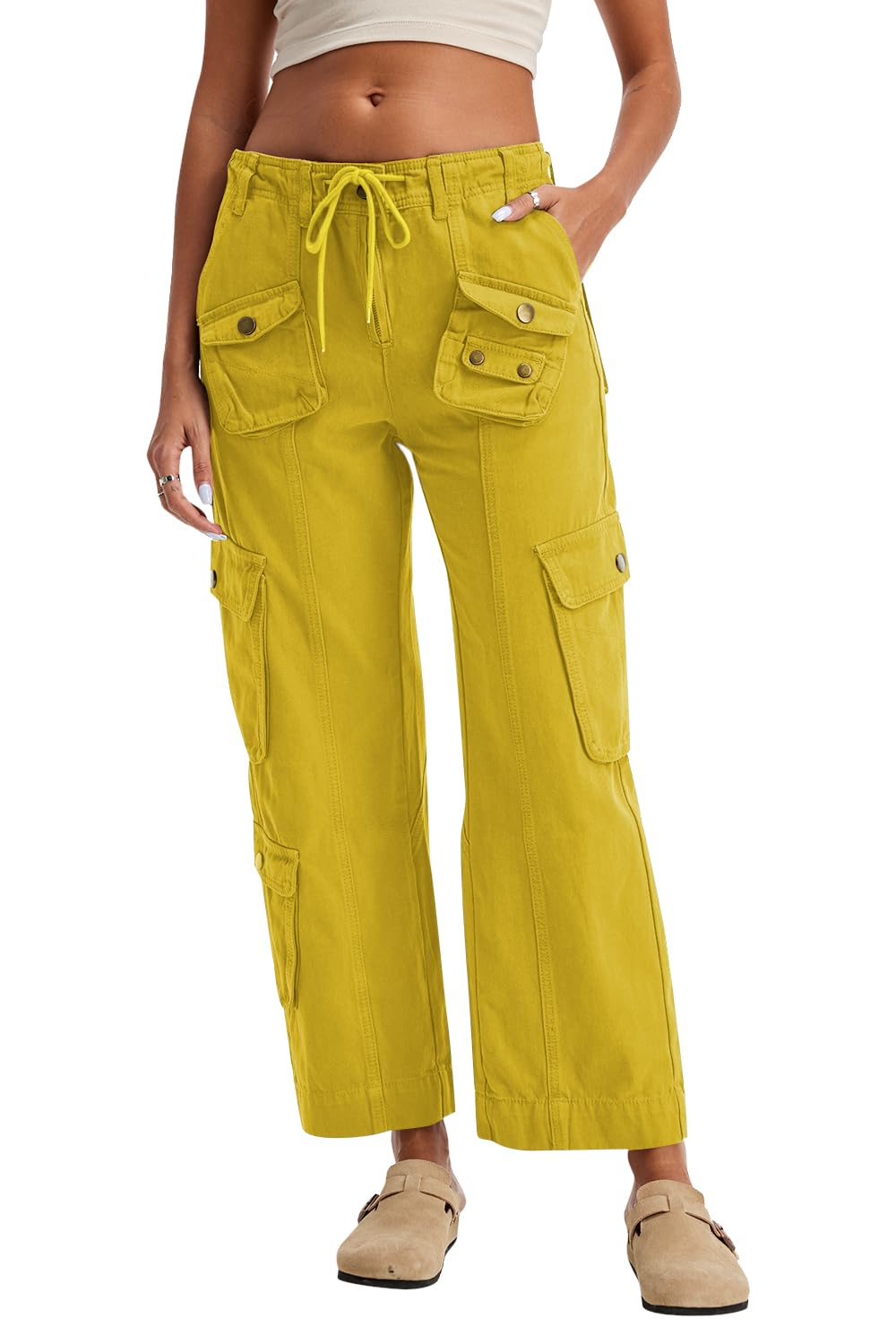 Photo 1 of **BUTTON BROKE**GREAIDEA Cargo Pants for Women Low Rise Drawstring Waist 7 Pockets Hiking Work Wide Leg Pants with Zipper Button Closure Yellow Green  SIZE MEDIUM