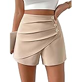 Pemieer Shorts for Women Trendy Women Casual Shorts High Waist Side Button Ruched Comfy Shorts Solid Ruffle Summer Dressy Shorts, Medium, 0-beige