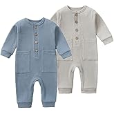BeiVSlley Newborn Baby Boy Girl 2 Pack Button Solid Romper Infant Long sleeve Knit Cotton Footless Outfits Clothes