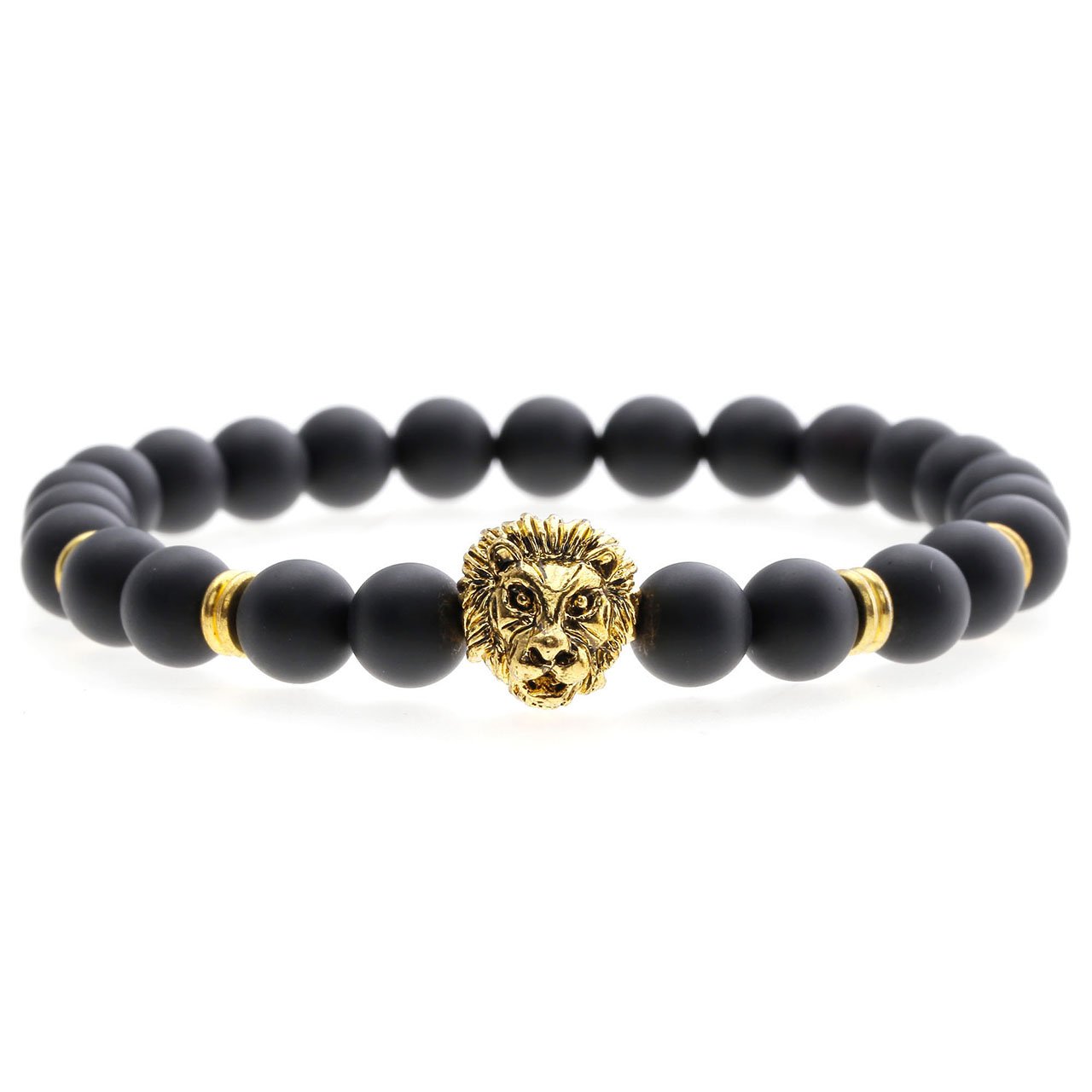 Jovivi 8mm-Pierres Perles d\'Energie Agate Noire Matte Perles Bracelet Extensible Elastique Tibétain Bouddhiste avec Tête de Lion Unisexe -