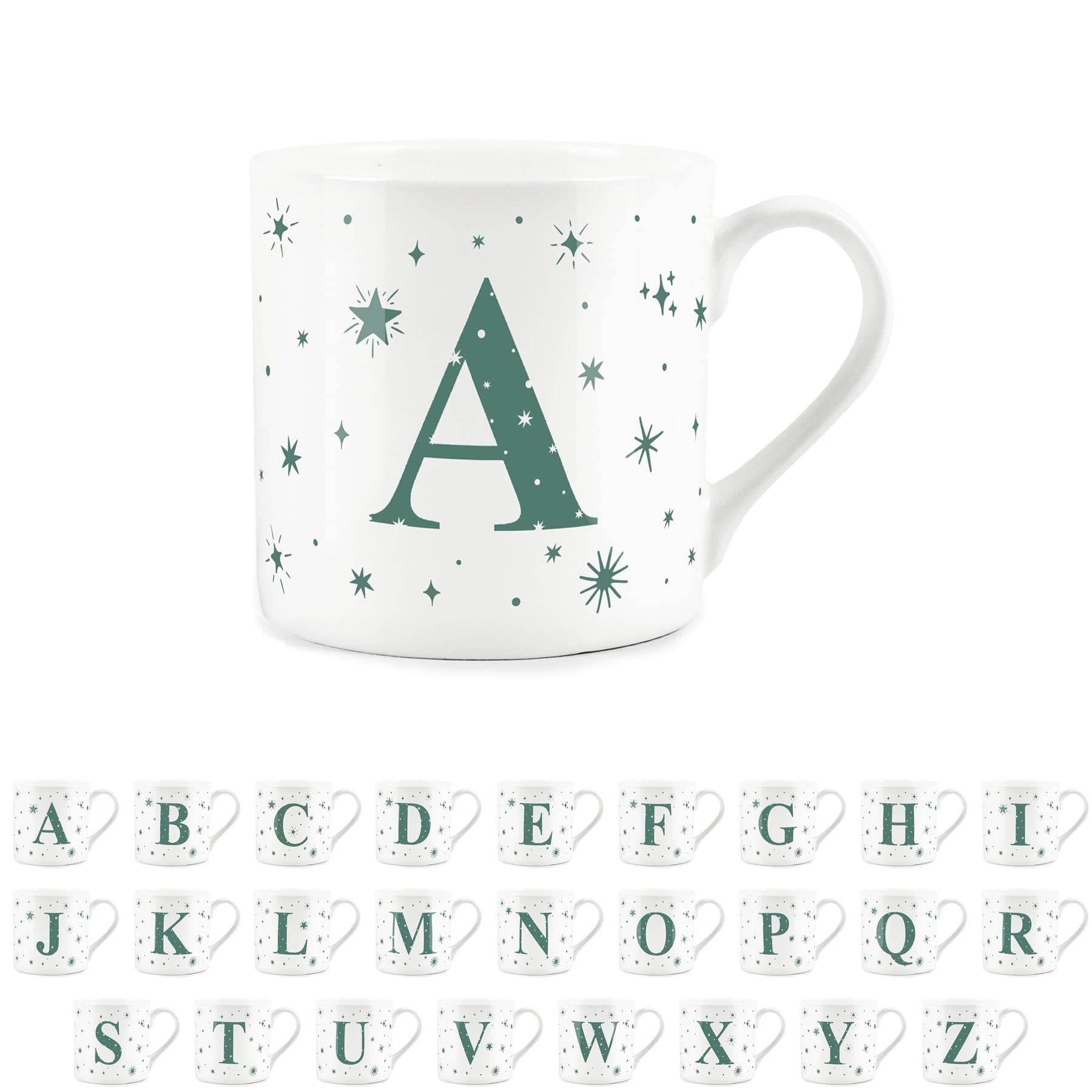 Purely Home Letter A Star Mug - Bone China White Coffee/Tea Present Gift - Alphabet Letter Mug with Stars in Teal Green Blue