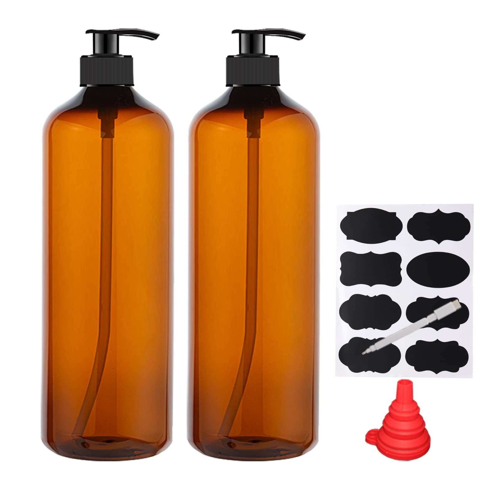 YBCPACK 2 Pack 1000ml Plastic Soap Dispenser Bottle with Pump, Refillable Amber Shampoo Dispenser bottle with Pump, 32oz Empty Pump Bottles for Shower gel, Body Wash, Shampoo, Massage Lotion