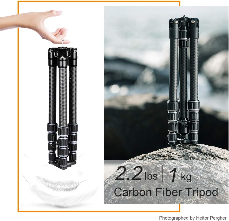 K&F Concept 61" Carbon Fiber Camera Tripod, B210 Professional Lightweight Compact Tripod with 2 Sections Central Column 360 Degree Ball Head and Carrying Case for Digital Camera/Camcorder : Camera & Photo