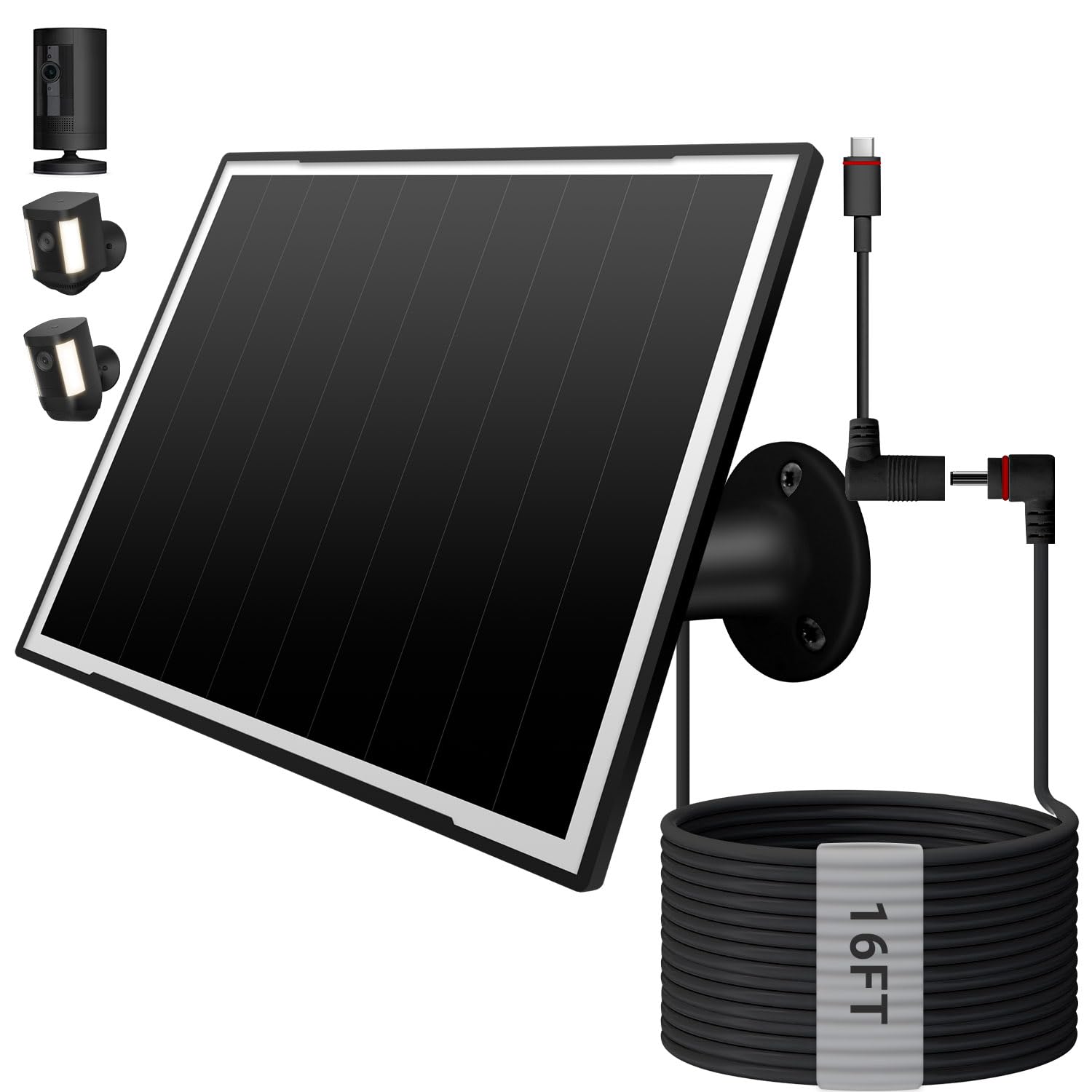 Photo 1 of Ververay Solar Panel for Ring Camera, 8W High - Efficiency Solar Charger, Compatible with Stick Up Cam & Spotlight Cam (Battery) - Waterproof, 16ft Long Cable, USB-C & DC5V Ports, Sleek Black Finish