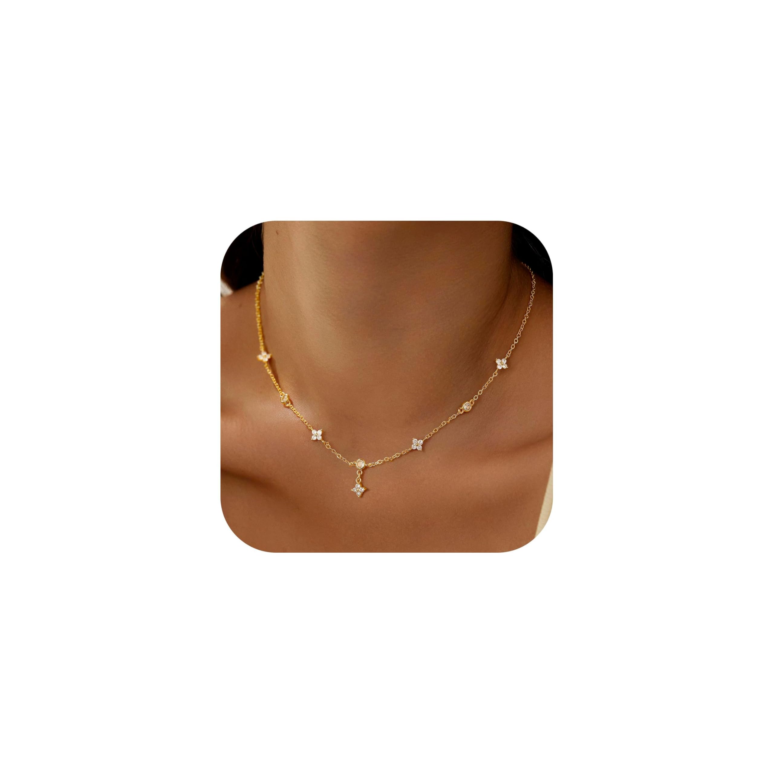 Yoosteel Gold-plated Necklace for Women - Dainty 14k Gold Plated Necklace Choker Clover Cubic Zirconia Station Necklaces for Women Teen Gifts Trendy Prom Jewelry Christmas Stocking Stuffer Gift
