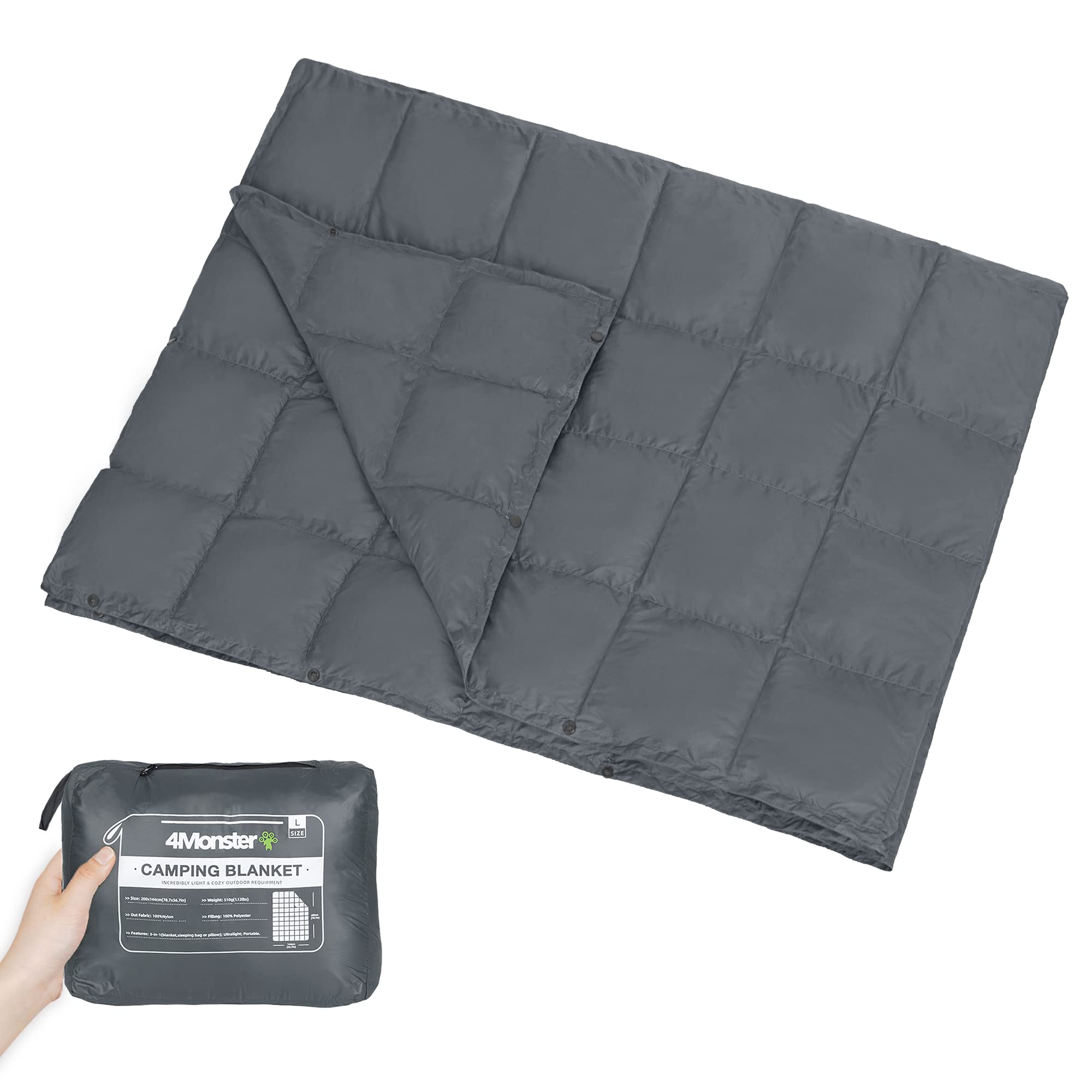 4Monster Camping Blanket Packable, Camping Quilt, Insulated Blanket Hammock Quilt, Camping Blanket for Cold Weather, Picnic, Hiking, Airplane, Travel, Beach, Stadium, Outdoor Gear, Grey, XL