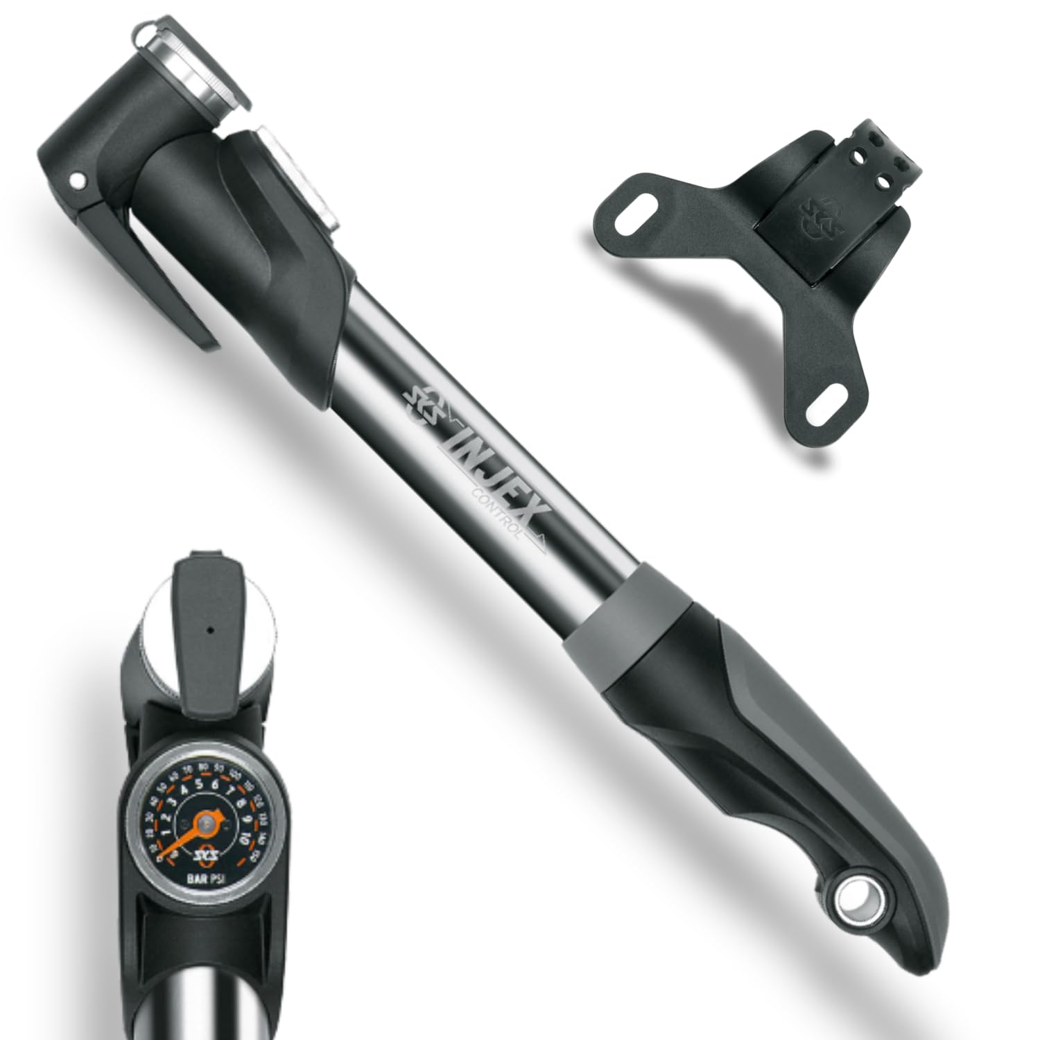 SKS GERMANY INJEX CONTROL mini pump (air pump for all valve types, T-handle with telescopic function, pressure gauge, valve clamp lever, max. pressure: 10 bar/144 PSI)