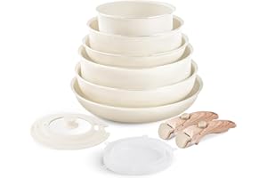 Nonstick Cookware Set - YIIFEEO Stackable Pots and Pans Set Detachable Handle Camping Cookware Granite Kitchen Cookware Sets Removable Handle, Non Toxic Nonstick Frying Pans for Cooking Set Gift Beige