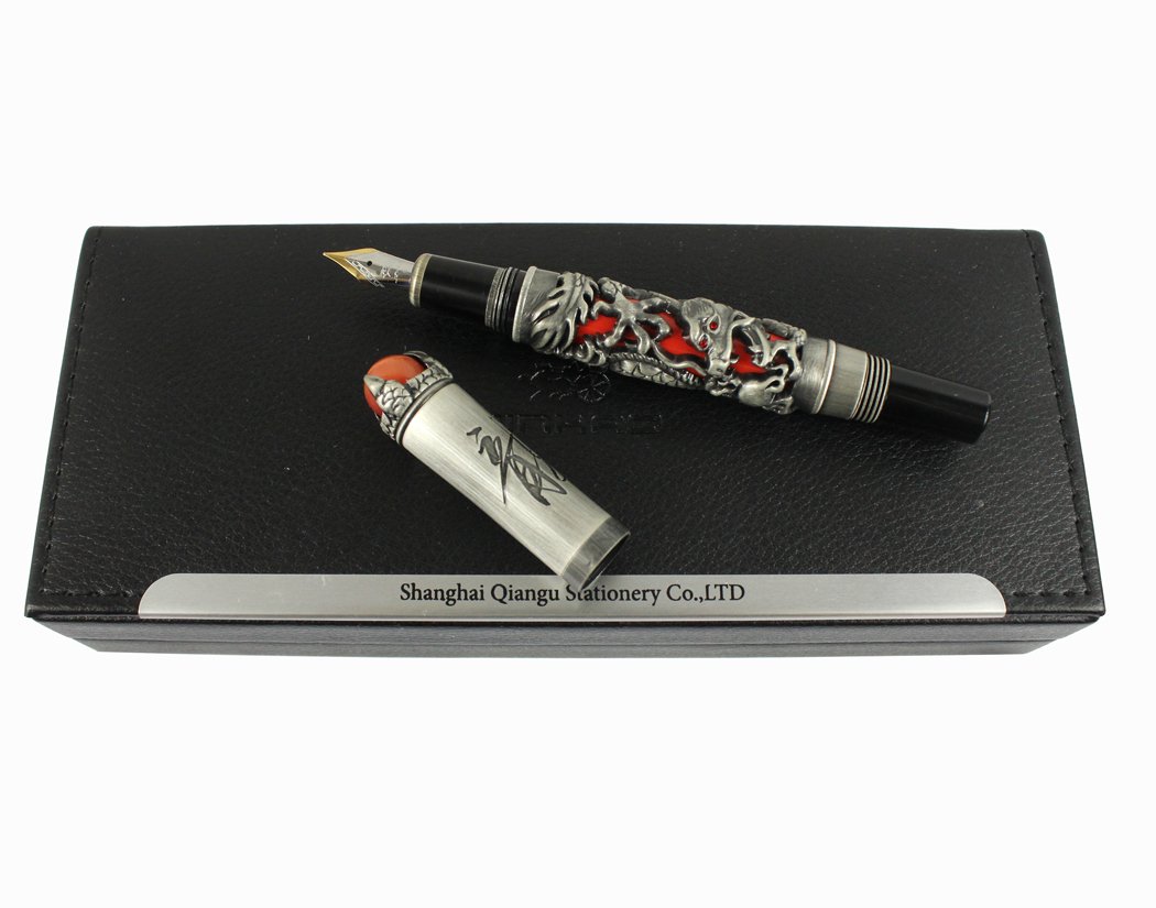Jinhao Luxury Ancient Chinese Ming Dynasty Emperor Style Dragon Play Red Jade Pearl Fountain Pen with Gift Box, Black & Red