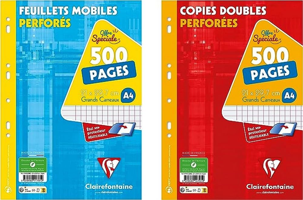 Clairefontaine 11791AMZC Set of 2 Perforated Copy Cases: 500 Pages MOBILE SHEETS + 500 Pages DOUBLE COPIES - A4 21x29.7 cm - Seyes Ruled - White Paper 90 g