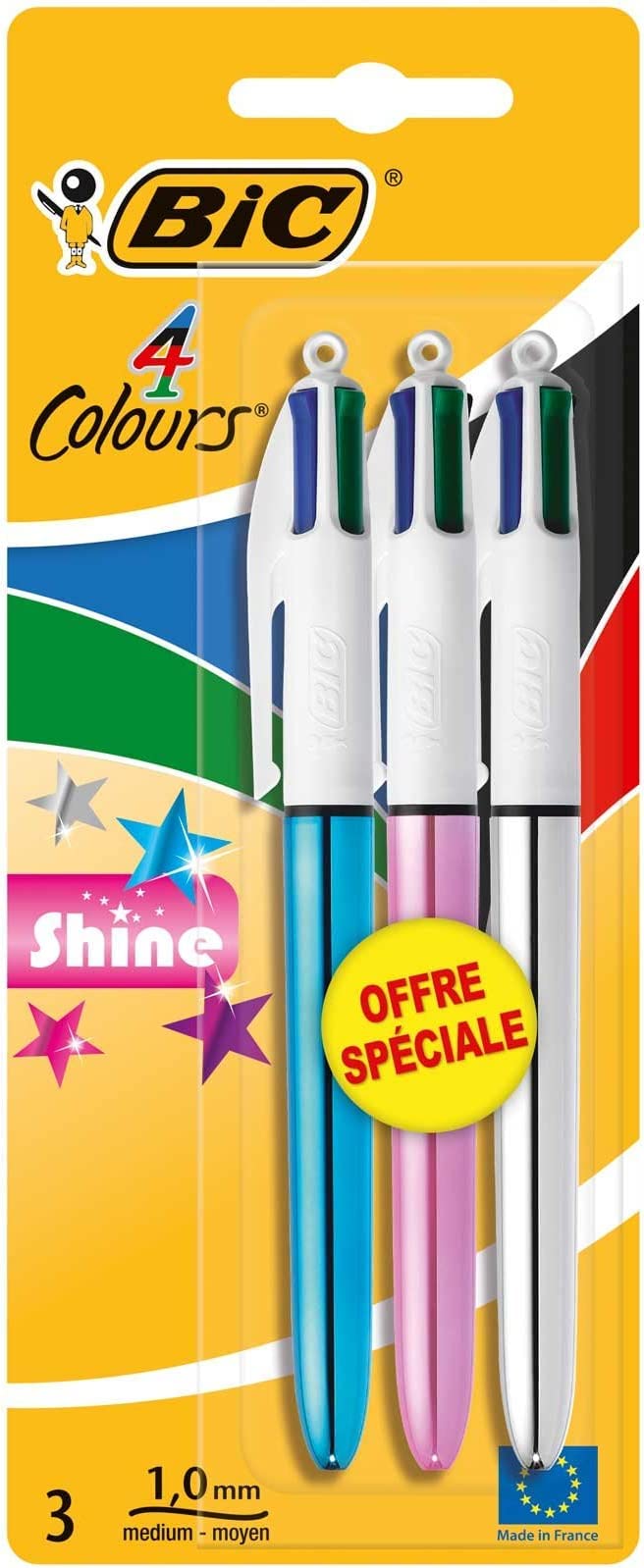 BIC Shine Retractable Ballpoint Pen Blister Pack of 3 Assorted Colours