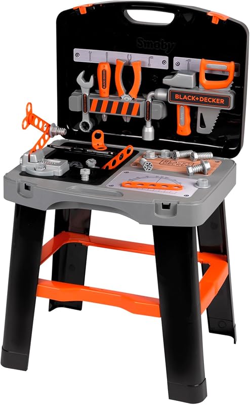 Smoby bancada de trabalho smoby black & decker em maleta, 33 acessórios para martelar, furar e aparafusar (7600360734)