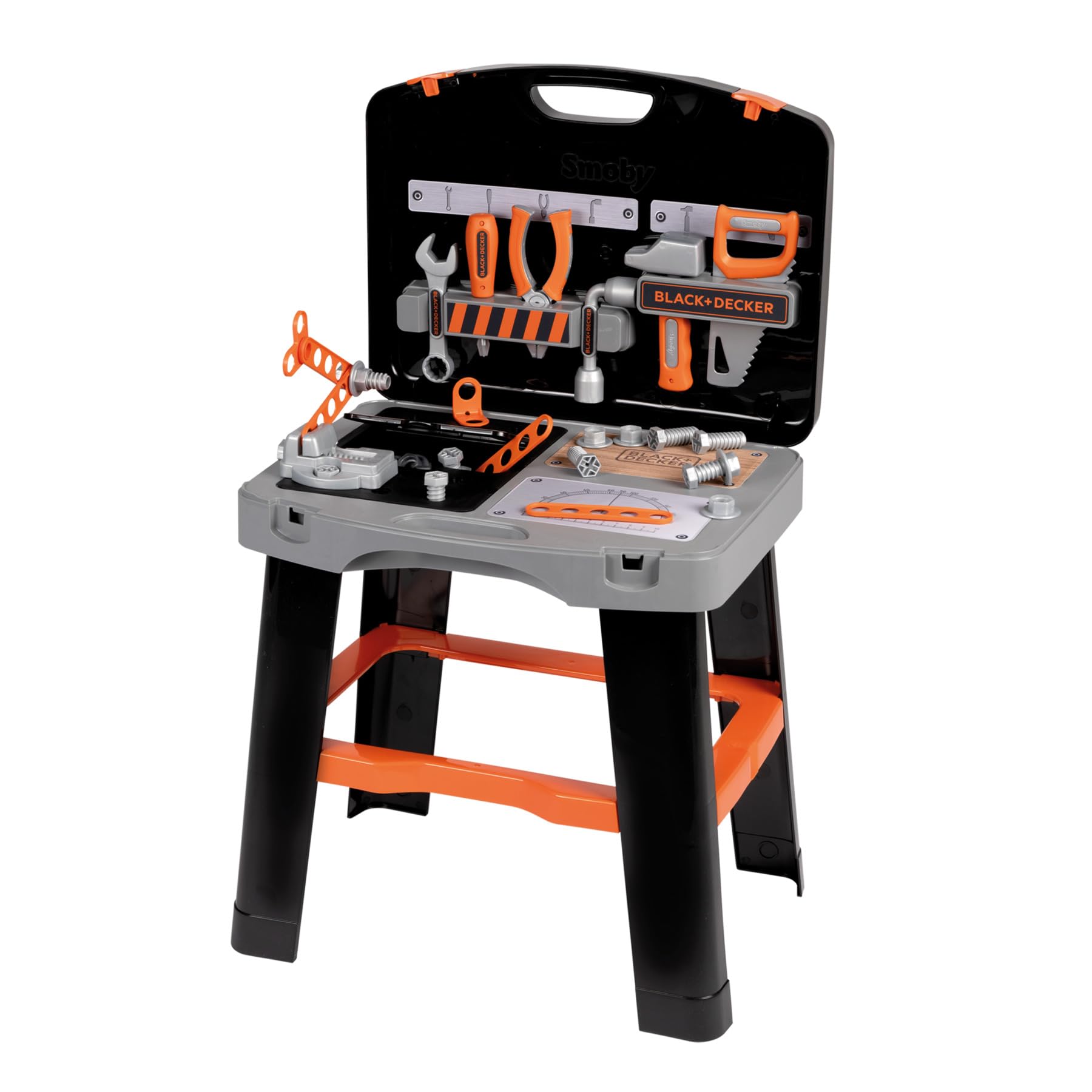 Smoby - Black+Decker Werkzeugkoffer Bricolo Smart (43x35x76 cm) - Werkbank-Koffer für Kinder ab 3 Jahre, Spielzeug mit umfangreichem Werkzeug-Zubehör und Tischbeinen zum Aufstellen